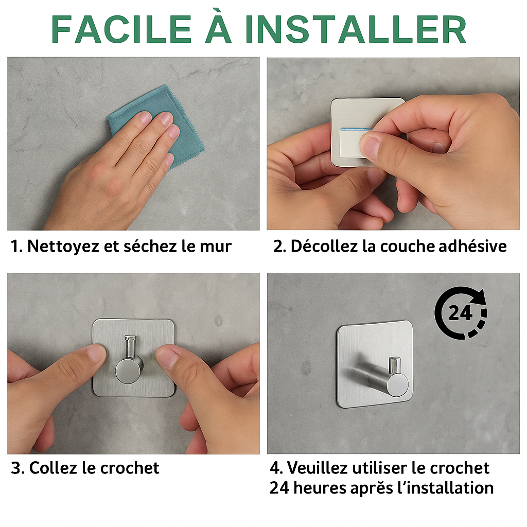 Crochet Mural Adhésif en Inox pour salle de bain ou cuisine