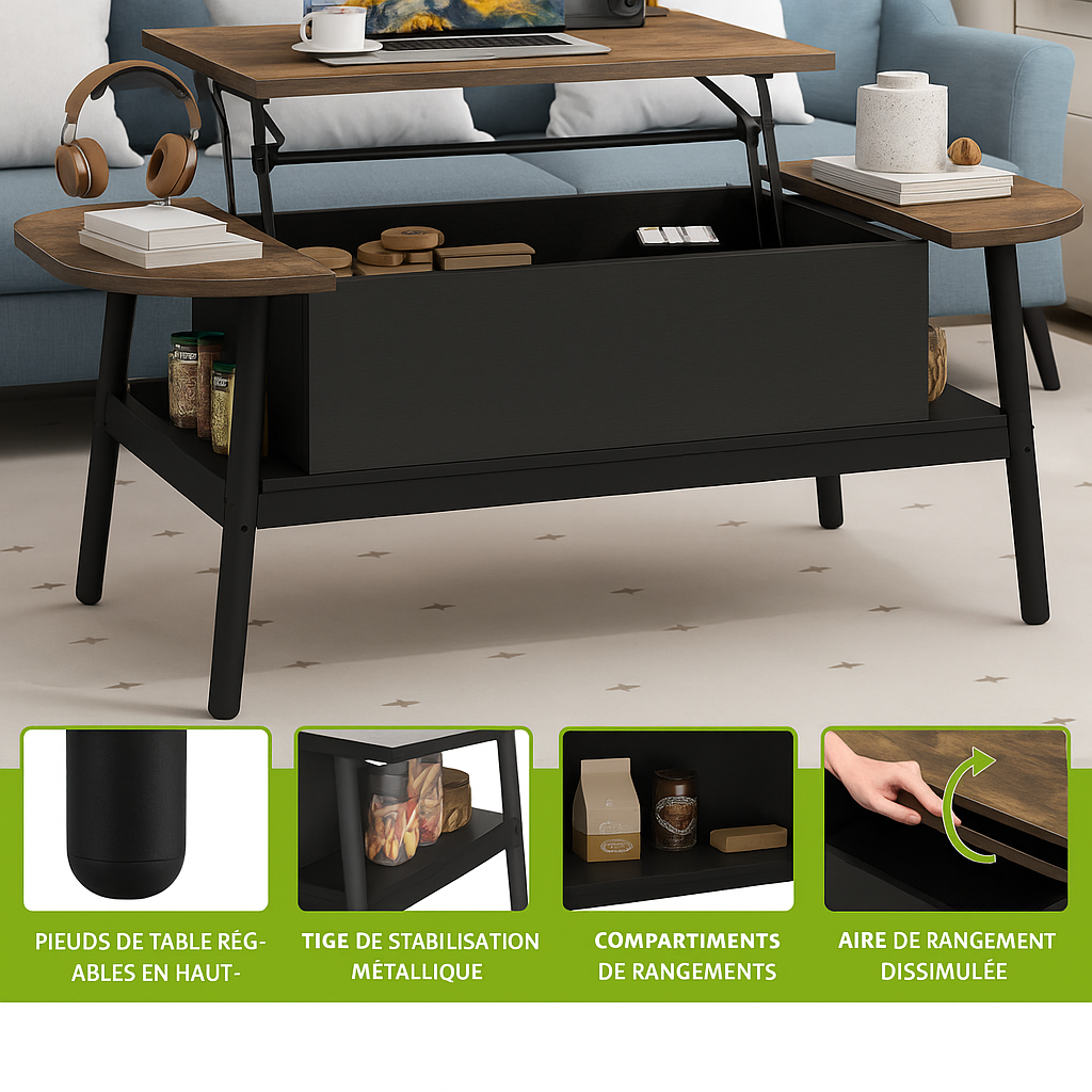 Table Basse Ovale 100 cm avec Plateau Relevable