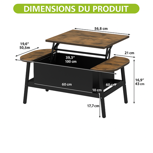 Table Basse Ovale 100 cm avec Plateau Relevable