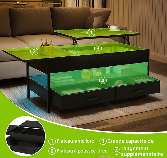 Table Basse Relevable avec LED et Rangement