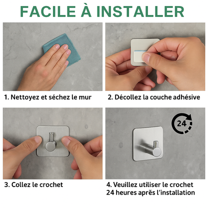 Crochet Mural Adhésif en Inox pour salle de bain ou cuisine