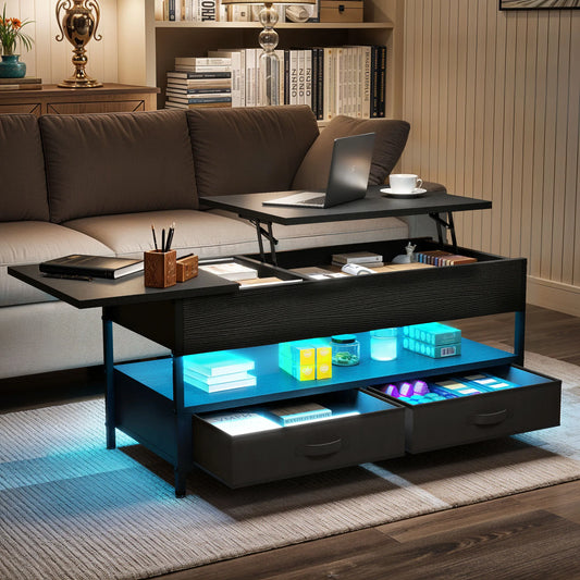 Table Basse Relevable avec LED et Rangement